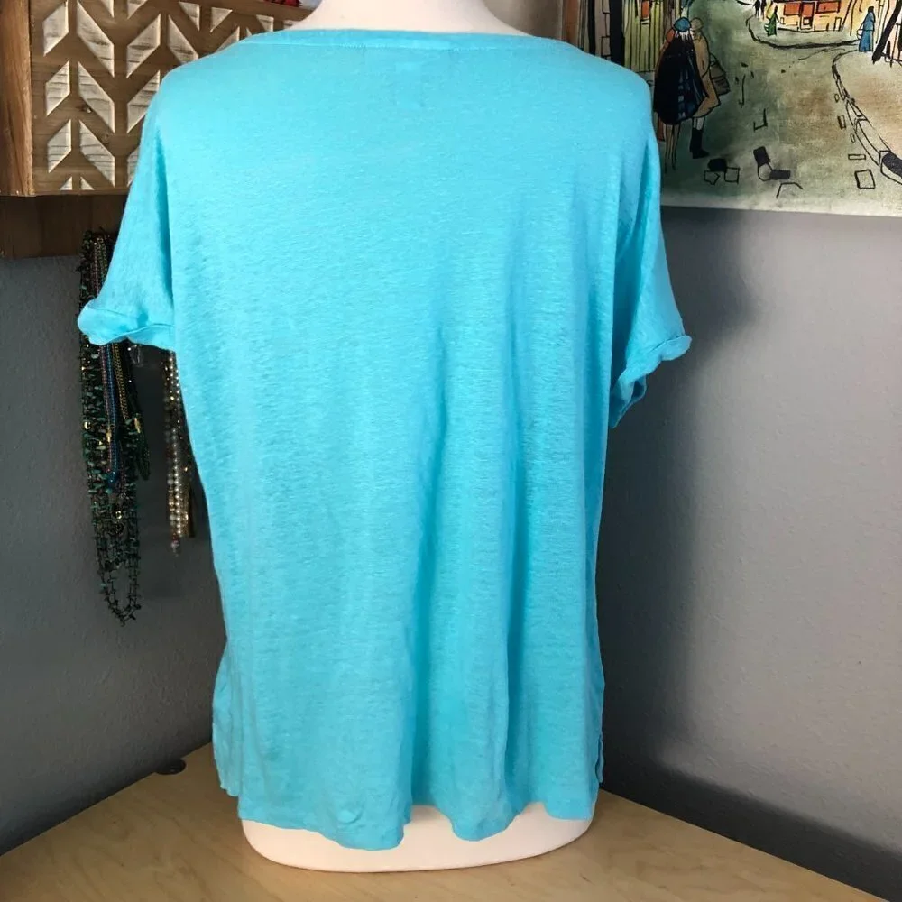 Charter Club Luxury Linen Top Women's size M Aqua Blue Short Sleeve NEW - Picture 4 of 6
